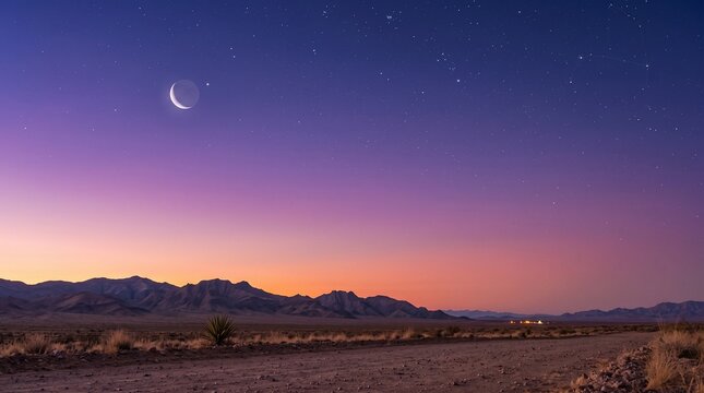Crescent moon above desert mountains.
