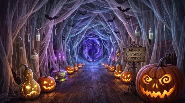 Scary hallway with glowing jack o lanterns
