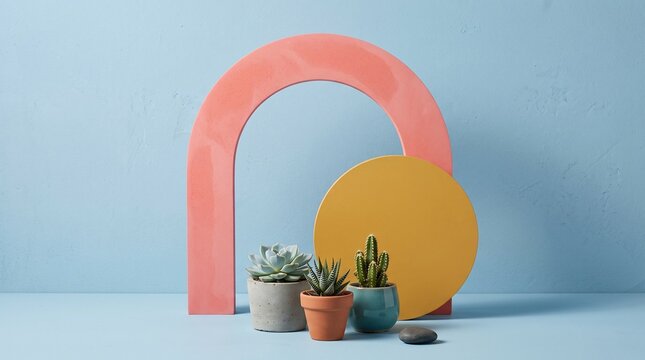 Potted plants arranged with shapes.
