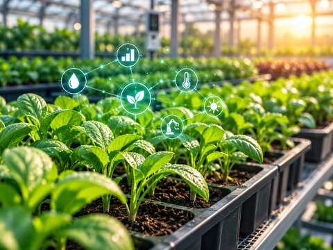 AI generated smart greenhouse healthy seedlings digital agriculture icons irrigation monitoring analytics automation sustainable precision farming technology