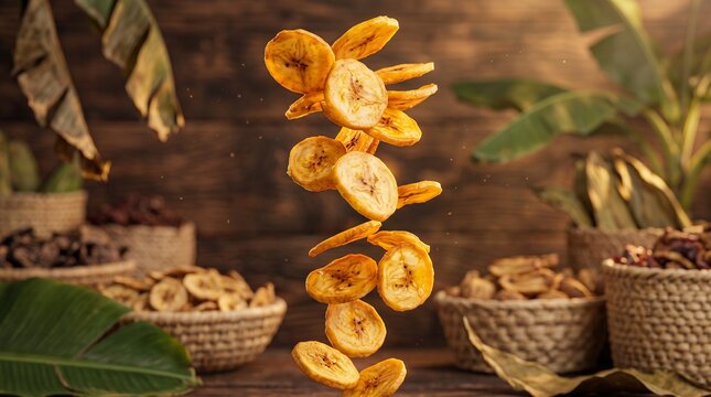 crispy banana chips floating midair
