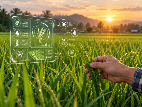 AI generated smart farming rice field hand inspecting crops digital agriculture dashboard for crop health soil moisture temperature sunlight growth precision farming technology