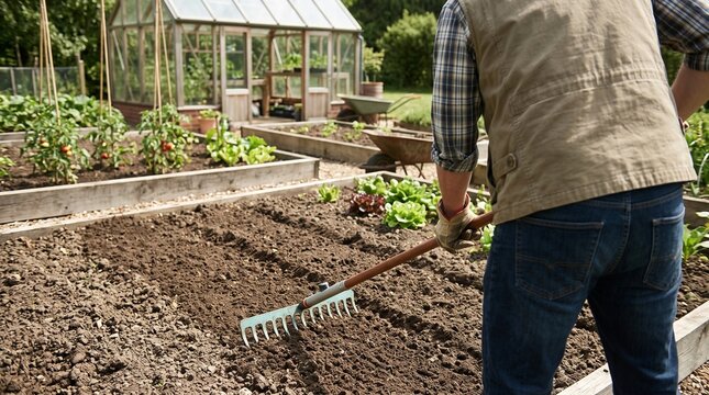 Person working with a rake.
