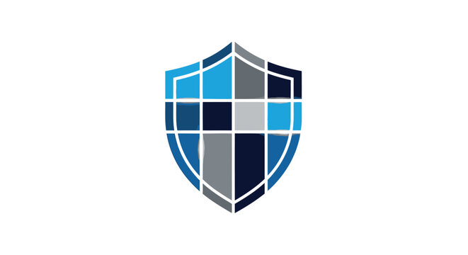 A mosaic-style shield icon composed of various shades of blue and grey rectangular segments, symbolizing digital security and protection.