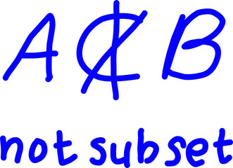 Minimalist blue hand-drawn vector icon showing the not a subset formula ($A \not\subset B$) and the words not subset on a white background, representing math and logic © Akmalmm 