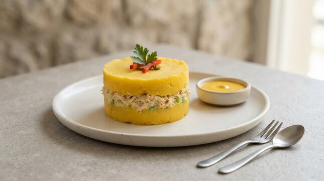Traditional Peruvian Causa Rellena with Chicken and Yellow Potato