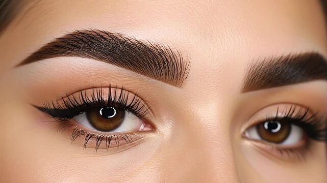 Close-up of perfectly shaped eyebrows and eye makeup with eyeliner
