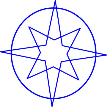 Minimalist blue vector graphic of a complex geometric star enclosed within a circular border on a white background, representing navigation and design.
