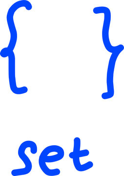 Minimalist blue hand-drawn vector icon featuring curly brackets and the word set underneath on a white background, representing programming, math, and data.