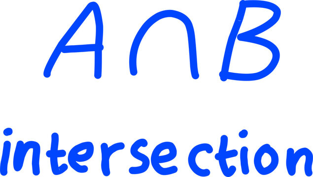 Minimalist blue hand-drawn vector icon featuring the set intersection formula (A &cap; B) and the word intersection on a white background for math education.