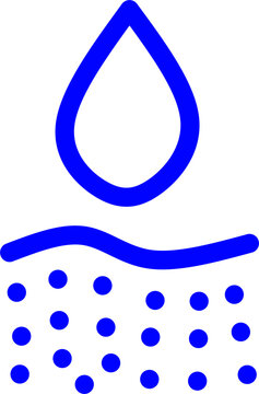 Minimalist blue vector icon of a water drop above a wavy line and dotted pattern on a white background, symbolizing skin absorption, hydration, and skincare.