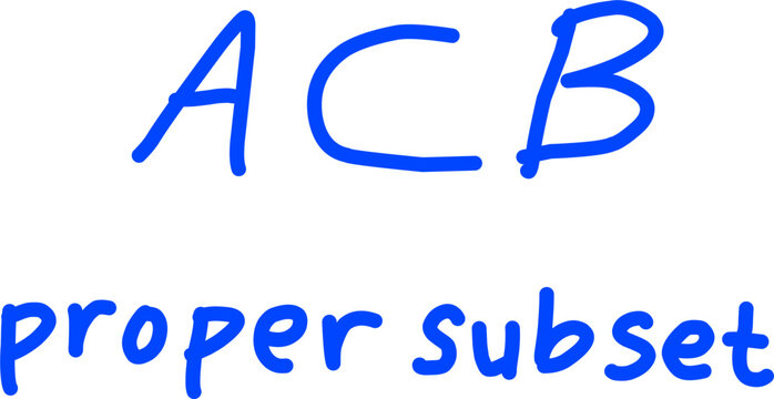 Minimalist blue hand-drawn vector icon featuring the proper subset formula ($A \subset B$) and the words proper subset on a white background for math education. 