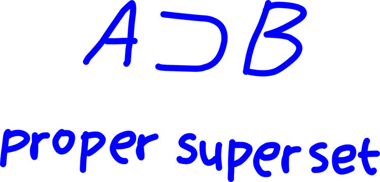 Minimalist blue hand-drawn vector icon featuring the proper superset formula ($A \supset B$) and the words proper superset on a white background for math education. 