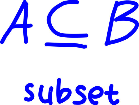  Minimalist blue hand-drawn vector icon showing the subset formula ($A \subseteq B$) and the word subset on a white background, representing math and 