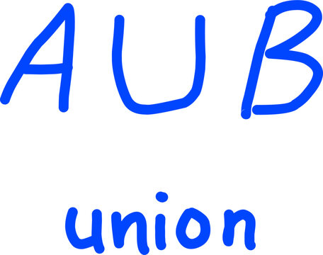 Minimalist blue hand-drawn vector icon showing the set union formula (A &cup; B) and the word union on a white background, representing mathematics and logic.