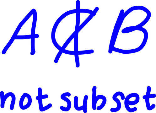 Minimalist blue hand-drawn vector icon showing the not a subset formula ($A \not\subset B$) and the words not subset on a white background, representing math and logic