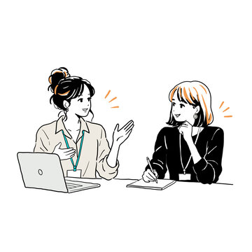 説明を聞きながらメモを取る女性同士のフィードバック面談のイラスト