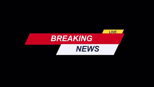 Breaking News Red Ribbon with Yellow Live Tab Vertical Drop Rise Collision Slam Lower Third Broadcast Television Overlay Animation 10 Seconds Seamless Loop in 4K UHD Alpha Transparent Background