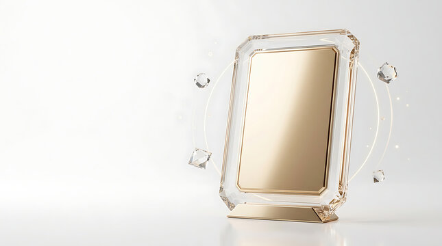 Elegant golden award plaque with a transparent glass frame and floating diamond accents on a white background
