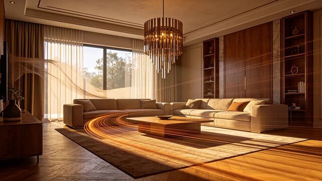 Modern living room with beige sofas bookshelf and bright sunlight