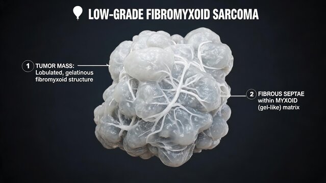 Low-grade fibromyxoid sarcoma 3D medical illustration, lobulated gelatinous tumor mass with fibrous septae anatomy