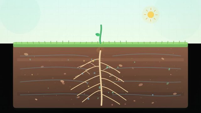 Seedling sprouting with deep underground root system visible in brown soil layers under bright sunny lighting conditions.
