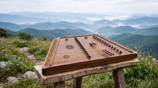 Handcrafted Hammered Dulcimer Overlooking Misty Mountain Valleys in Soft Diffused Daylight