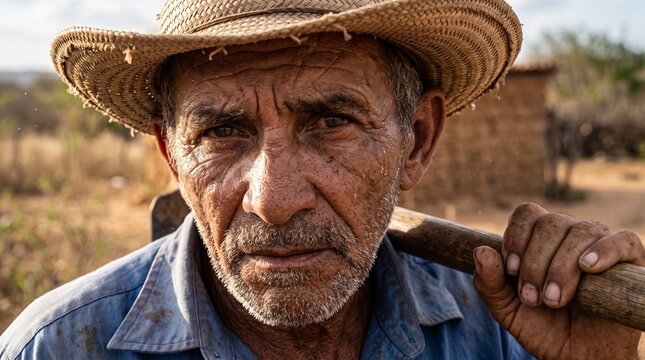 Portrait of old farmer with straw hat holding hoe on shoulder in sertao
