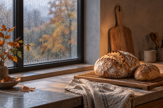 Seasonal view of artisan bread cooling beside linen and wooden tools