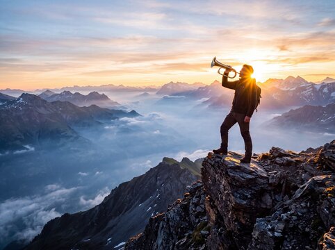 Brass Bugler Playing Triumphant Melody on Misty Mountain Peak at Sunrise