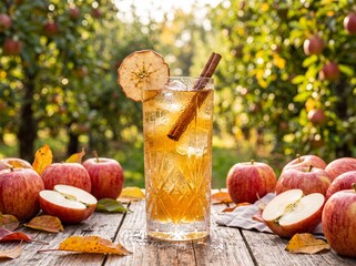 Fototapeta premium Chilled Honeycrisp Apple Cider Under Golden Dappled Orchard Sunlight