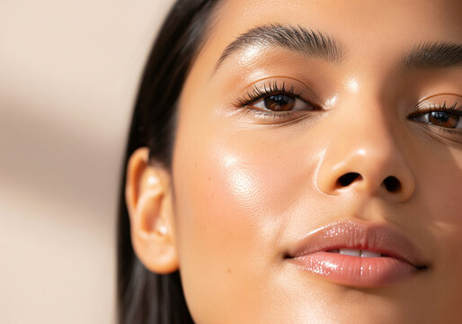 Macro close-up of a woman face with glowing dewy skin and glossy lips