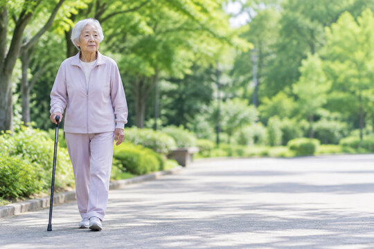 杖を使って公園を歩くシニア日本人女性