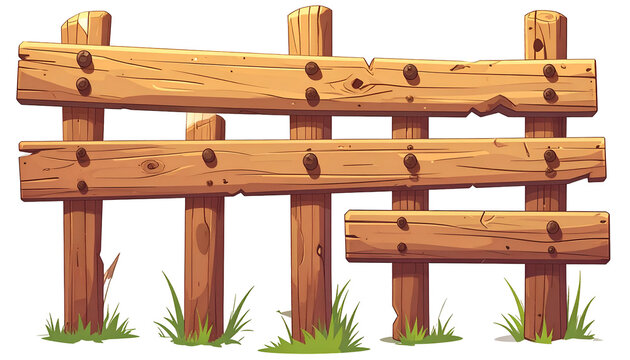 Cartoon-style wooden fence with three horizontal rails, held by vertical posts, and grass