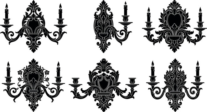 Vintage baroque wall sconces black silhouette vector set featuring ornate classical candelabra and candle holders