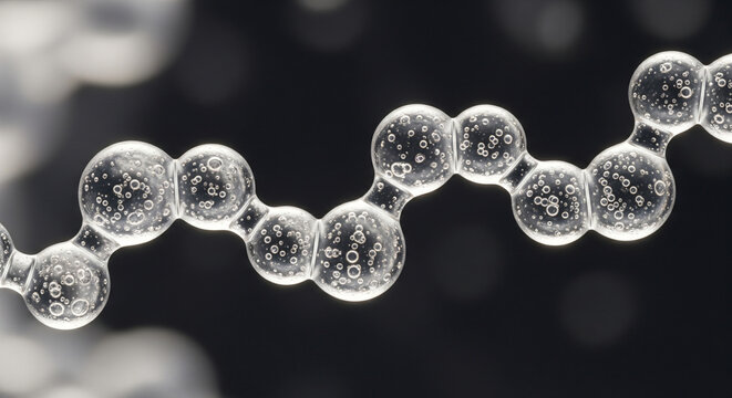 Connected chain of transparent bubbles and gel spheres on a dark background