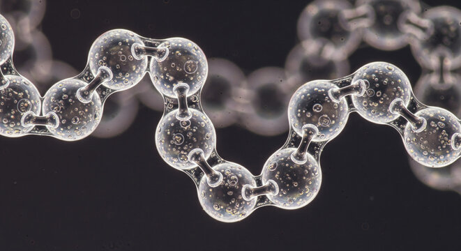 Molecular chain structure made of linked transparent spheres with air bubbles