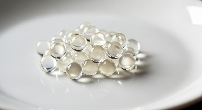 Pile of transparent gel capsules or hydrogel beads on a white plate