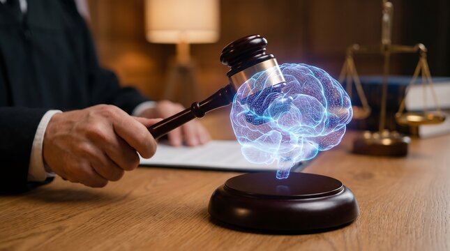 Gavel strikes a wooden block beneath a glowing holographic human brain model on a legal desk.