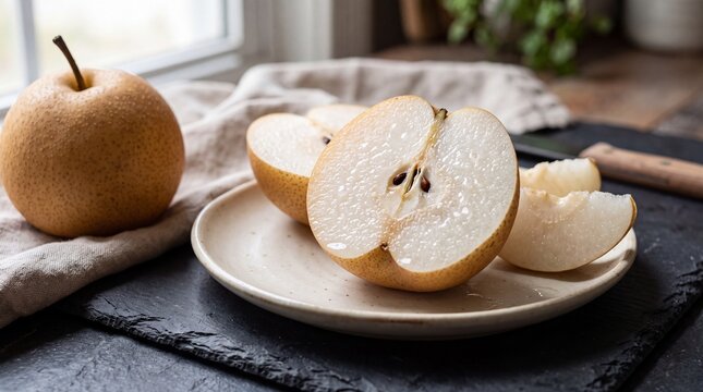 Crisp Sliced Asian Snow Pear on Rustic Ceramic Tableware