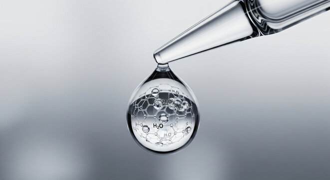 Pipette dripping a clear serum drop containing H2O molecular formula