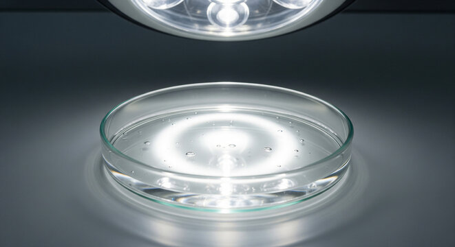 Glass petri dish with clear liquid gel illuminated under laboratory light