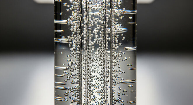 Close-up of vertical glass tube filled with bubbling liquid gel