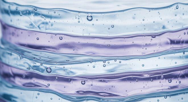 Abstract layered texture of clear gel with blue and purple highlights