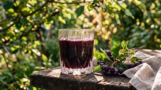 Artisanal Wild Chokeberry Juice Tasting in Dappled Orchard Sunlight