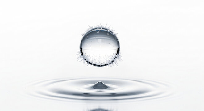 Floating water droplet with ice crystal formation above water ripples