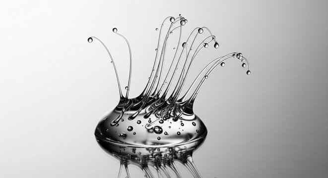 Abstract liquid splash with thin stretching tendrils and air bubbles