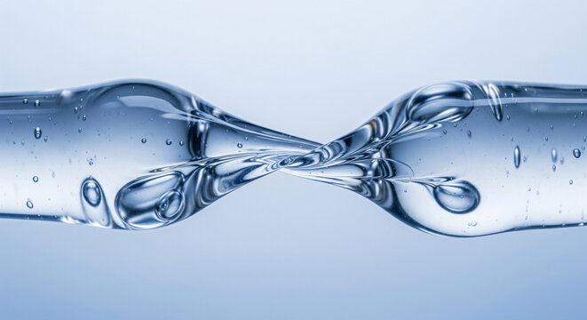 Twisted stream of clear liquid gel with air bubbles on light blue background
