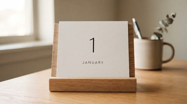 Minimalist desk calendar showing January 1st with a mug and plant in the background