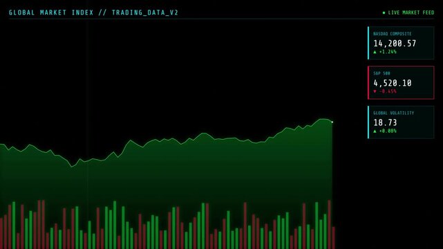 Digital financial market data dashboard displaying live trading graphs and statistical analytical performance metrics with chart